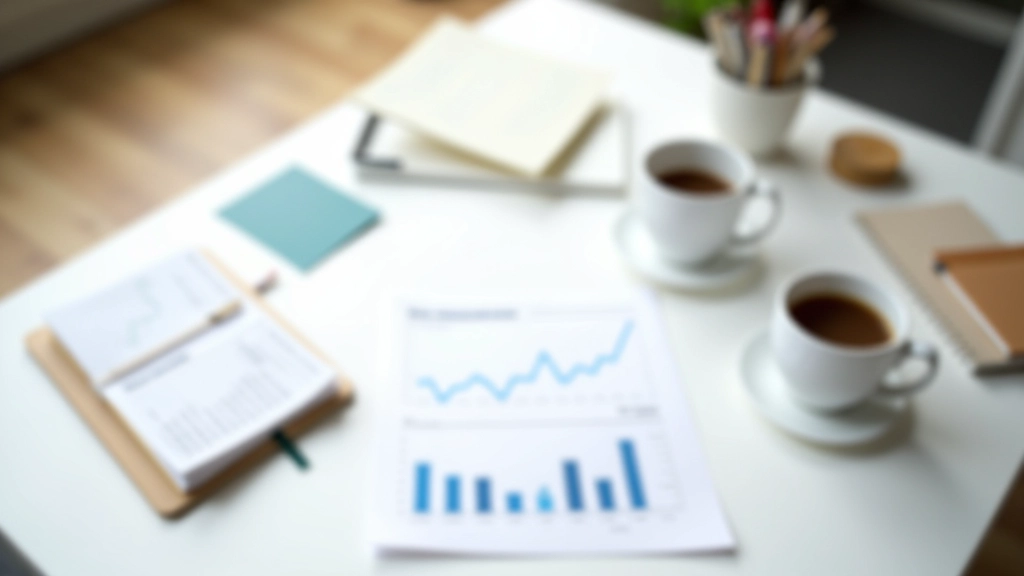 Moderner Arbeitsplatz mit Finanzunterlagen, Kaffee und Notizbuch