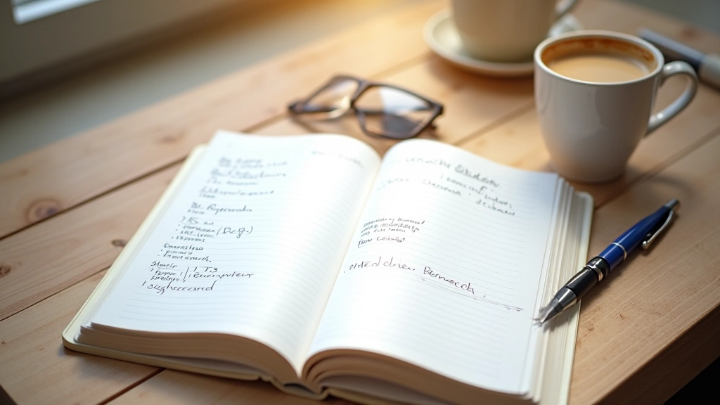 Notizbuch mit handschriftlichen Notizen auf Schreibtisch neben Kaffeetasse und Stift
