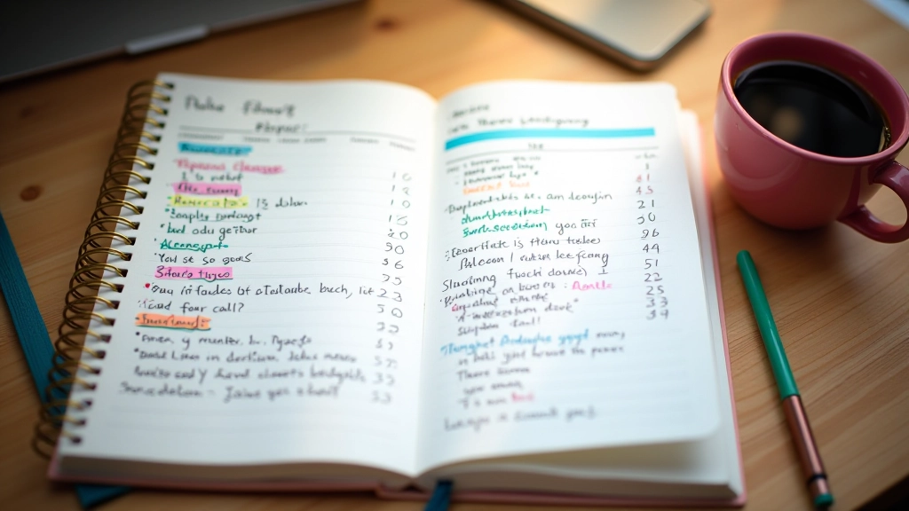 Notizbuch mit Budgetzielen und Strategienotizen, Stift markiert Änderungen
