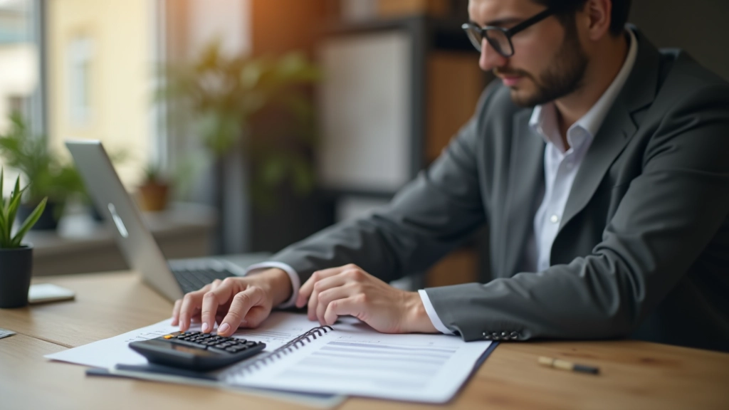 Person arbeitet an einem Laptop mit Finanzdiagrammen und Taschenrechner auf dem Schreibtisch