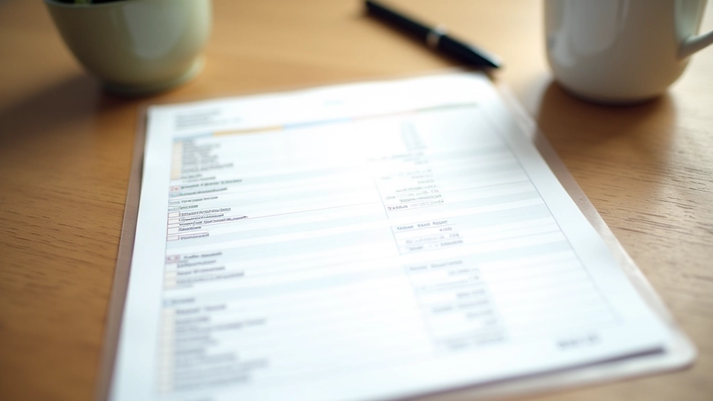 Ausgedruckte Finanzvorlage mit Stift und Tasse Kaffee auf Holztisch